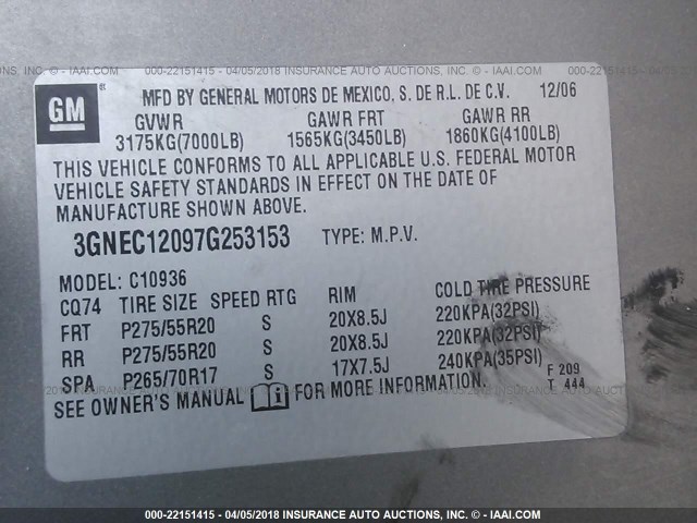 3GNEC12097G253153 - 2007 CHEVROLET AVALANCHE C1500 GRAY photo 9