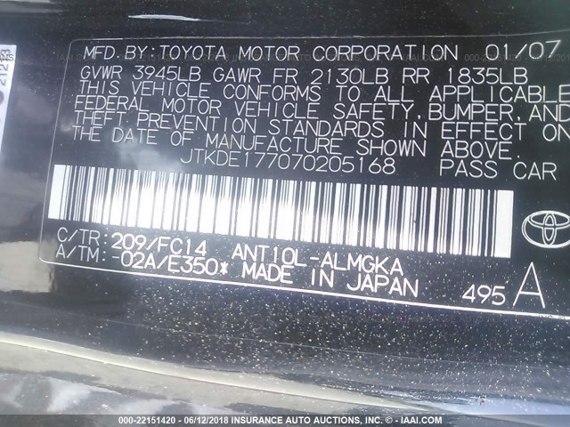 JTKDE177070205168 - 2007 TOYOTA SCION TC 黑色 照片 9