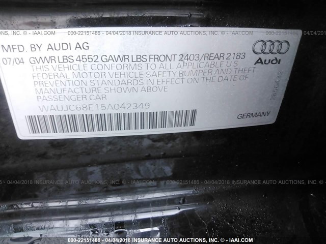 WAUJC68E15A042349 - 2005 AUDI A4 1.8T/1.8T SPECIAL BLACK photo 9