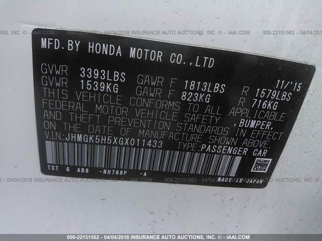 JHMGK5H5XGX011433 - 2016 HONDA FIT LX WHITE photo 9