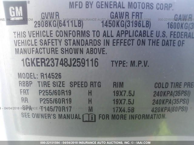 1GKER23748J259116 - 2008 GMC ACADIA SLT-1 Weiß Foto 9