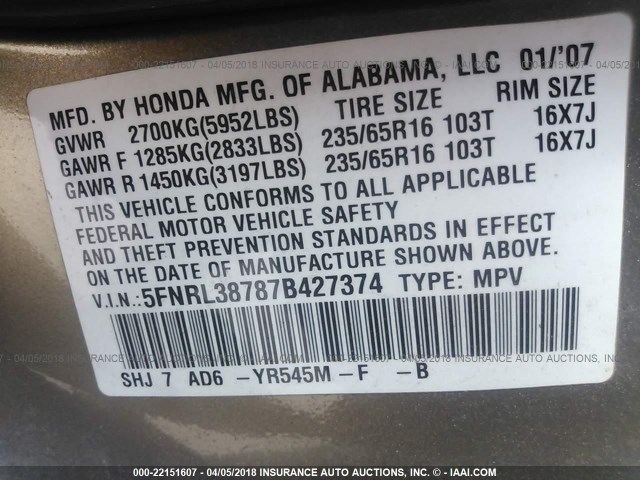 5FNRL38787B427374 - 2007 HONDA ODYSSEY EXL GOLD photo 9