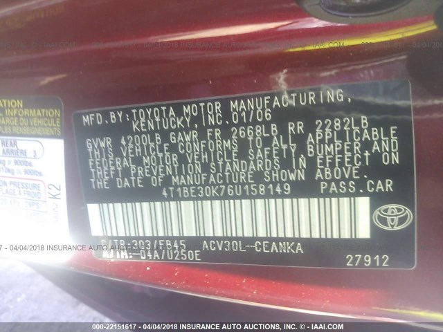 4T1BE30K76U158149 - 2006 TOYOTA CAMRY LE/XLE/SE მუქწითელი ფოტო 9