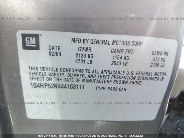 1G4HP52K444163111 - 2004 BUICK LESABRE CUSTOM GOLD photo 9