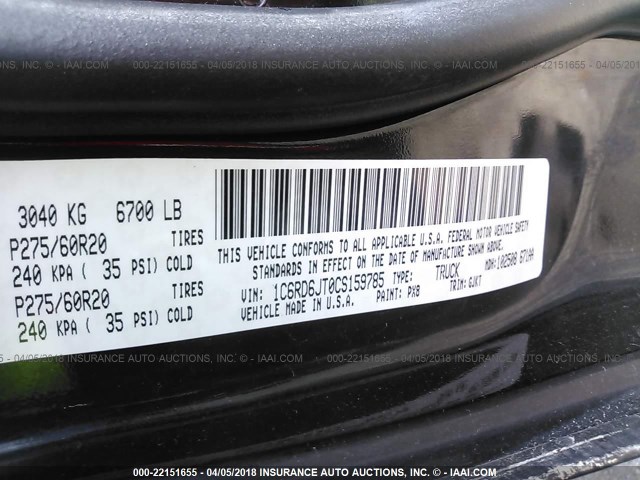 1C6RD6JT0CS159785 - 2012 DODGE RAM 1500 LARAMIE BLACK photo 9