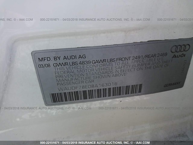 WAUDF78E08A163016 - 2008 AUDI A4 2.0T QUATTRO WHITE photo 9