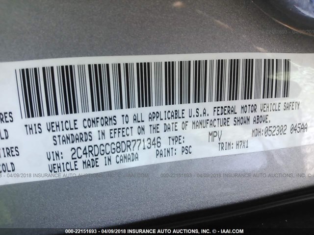 2C4RDGCG8DR771346 - 2013 DODGE GRAND CARAVAN SXT SILVER photo 9