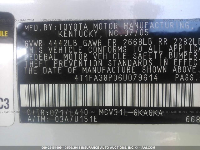 4T1FA38P06U079614 - 2006 TOYOTA CAMRY SOLARA SE/SLE WHITE photo 9