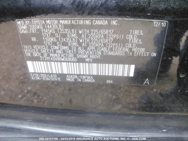 2T3YF4DV8BW068060 - 2011 TOYOTA RAV4 LIMITED BLACK photo 9