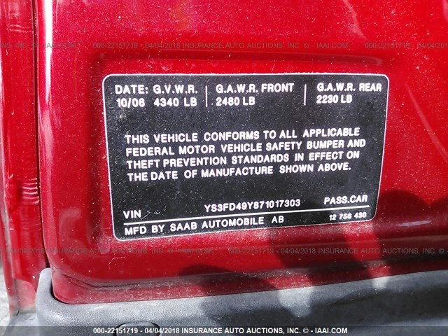 YS3FD49Y871017303 - 2007 SAAB 9-3 2.0T RED photo 9