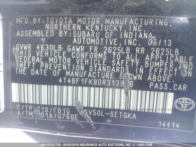 4T4BF1FK8DR313996 - 2013 TOYOTA CAMRY L/SE/LE/XLE BLACK photo 9