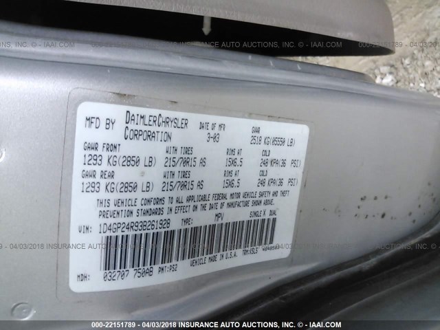 1D4GP24R93B261928 - 2003 DODGE GRAND CARAVAN SE GRAY photo 9