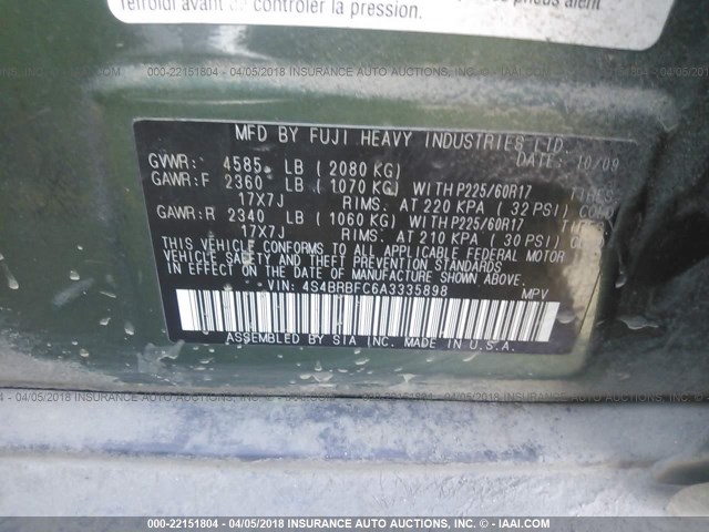 4S4BRBFC6A3335898 - 2010 SUBARU OUTBACK 2.5I PREMIUM GREEN photo 9