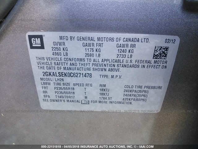 2GKALSEK0C6271478 - 2012 GMC TERRAIN SLE TAN photo 9