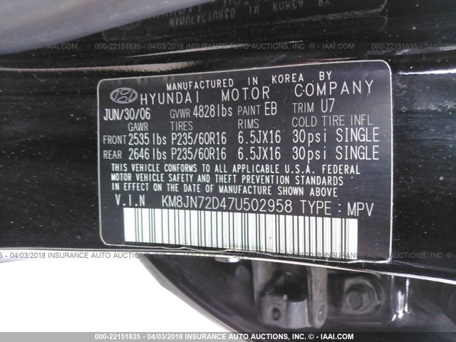 KM8JN72D47U502958 - 2007 HYUNDAI TUCSON SE/LIMITED BLACK photo 9