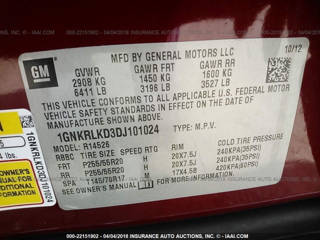 1GNKRLKD3DJ101024 - 2013 CHEVROLET TRAVERSE LTZ RED photo 9