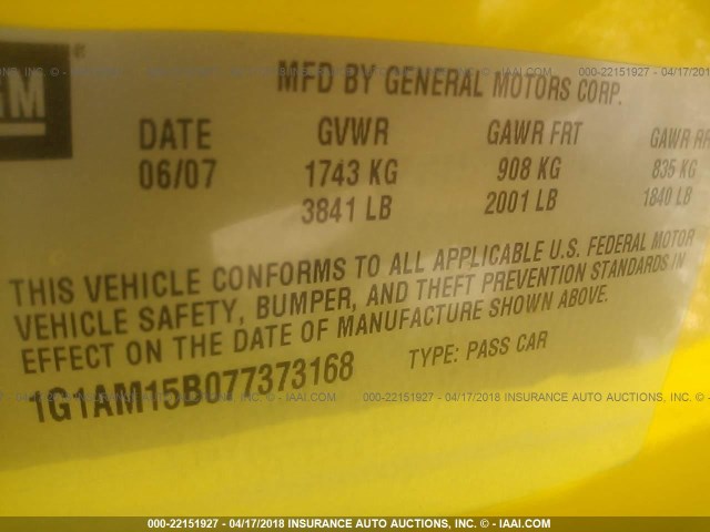 1G1AM15B077373168 - 2007 CHEVROLET COBALT SS YELLOW photo 9