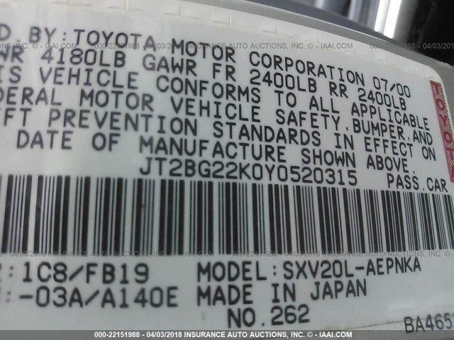 JT2BG22K0Y0520315 - 2000 TOYOTA CAMRY CE/LE/XLE 银色 照片 9