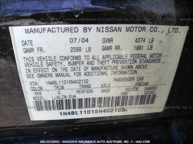 1N4BL11D15N402102 - 2005 NISSAN ALTIMA SE/SL/SE-R BLACK photo 9