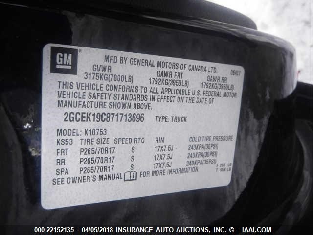 2GCEK19C871713696 - 2007 CHEVROLET SILVERADO K1500 BLACK photo 9