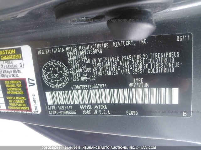 4T3BK3BB7BU057071 - 2011 TOYOTA VENZA GRAY photo 9