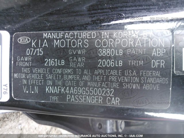 KNAFK4A69G5500232 - 2016 KIA FORTE LX BLACK photo 9