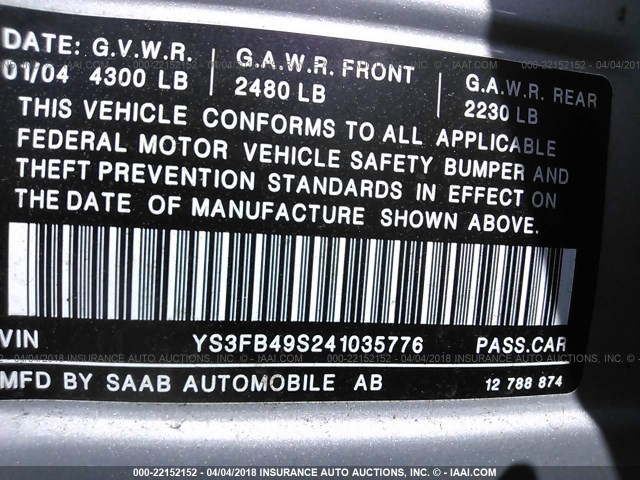 YS3FB49S241035776 - 2004 SAAB 9-3 LINEAR SILVER photo 9