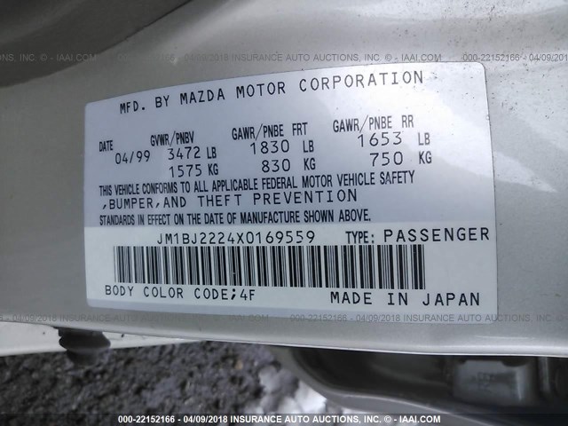 JM1BJ2224X0169559 - 1999 MAZDA PROTEGE DX/LX Champagne photo 9