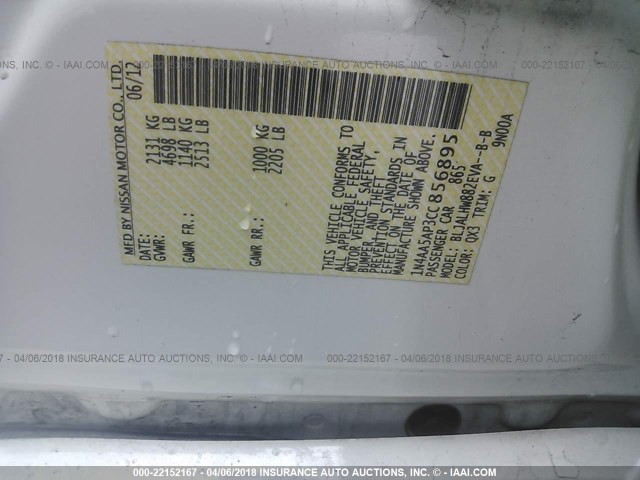 1N4AA5AP3CC856895 - 2012 NISSAN MAXIMA S/SV WHITE photo 9