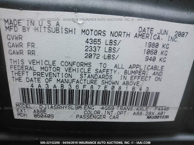 4A3AB36F87E081643 - 2007 MITSUBISHI GALANT ES Light Blue photo 9