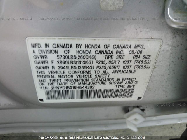 2HNYD18916H544392 - 2006 ACURA MDX TOURING SILVER photo 9