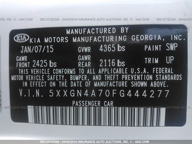 5XXGN4A70FG444277 - 2015 KIA OPTIMA EX WHITE photo 9