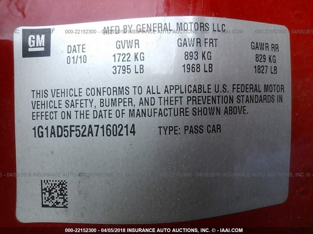 1G1AD5F52A7160214 - 2010 CHEVROLET COBALT 1LT RED photo 9