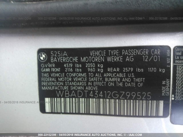 WBADT43412GZ99525 - 2002 BMW 525 I AUTOMATIC SILVER photo 9