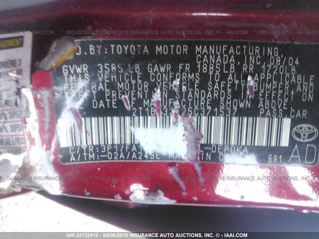 2T1BR32E25C371537 - 2005 TOYOTA COROLLA CE/LE/S RED photo 9