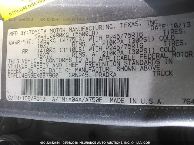 5TFLU4EN9EX087960 - 2014 TOYOTA TACOMA DOUBLE CAB ვერცხლისფერი ფოტო 9