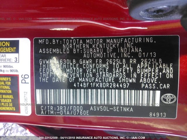 4T4BF1FK8DR284497 - 2013 TOYOTA CAMRY L/SE/LE/XLE 红色 照片 9