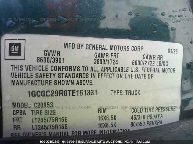 1GCGC29R0TE161331 - 1996 CHEVROLET GMT-400 C2500 GREEN photo 9