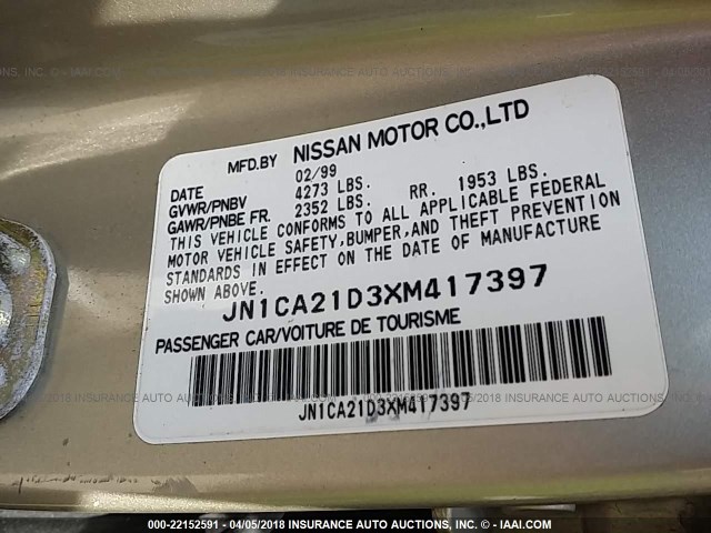 JN1CA21D3XM417397 - 1999 NISSAN MAXIMA GLE/GXE/SE GOLD photo 9