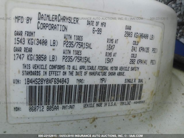 1B4HS28Y0XF694843 - 1999 DODGE DURANGO WHITE photo 9