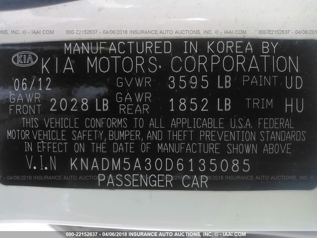 KNADM5A30D6135085 - 2013 KIA RIO LX Սպիտակ լուսանկար 9
