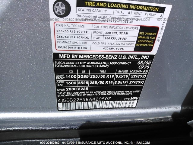 4JGBB22E58A420507 - 2008 MERCEDES-BENZ ML 320 CDI SILVER photo 9