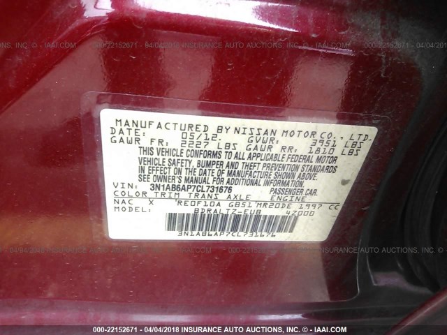 3N1AB6AP7CL731676 - 2012 NISSAN SENTRA 2.0/2.0S/SR/2.0SL RED photo 9