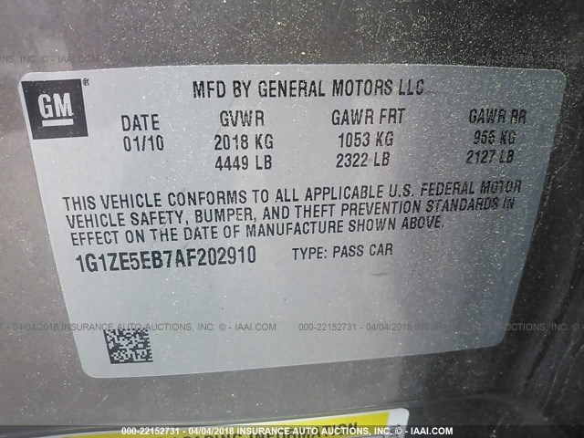 1G1ZE5EB7AF202910 - 2010 CHEVROLET MALIBU LTZ Boz foto 9