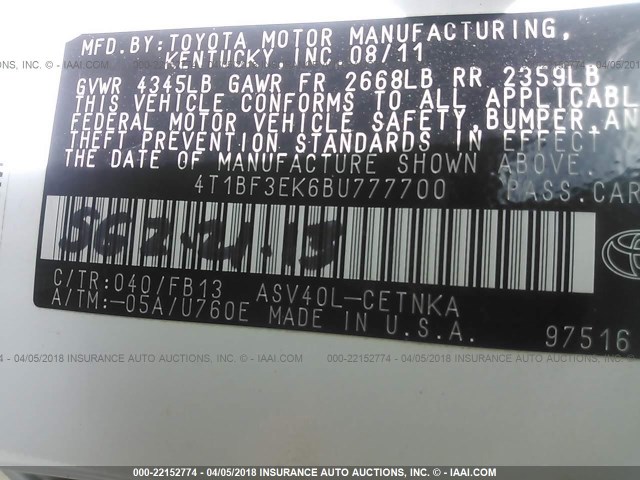 4T1BF3EK6BU777700 - 2011 TOYOTA CAMRY SE/LE/XLE 白色 照片 9