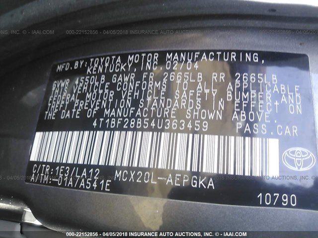 4T1BF28B54U363459 - 2004 TOYOTA AVALON XL/XLS GRAY photo 9