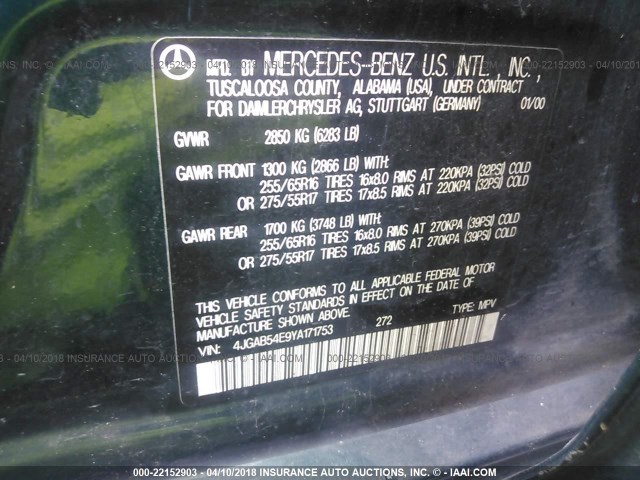 4JGAB54E9YA171753 - 2000 MERCEDES-BENZ ML 320 GREEN photo 9