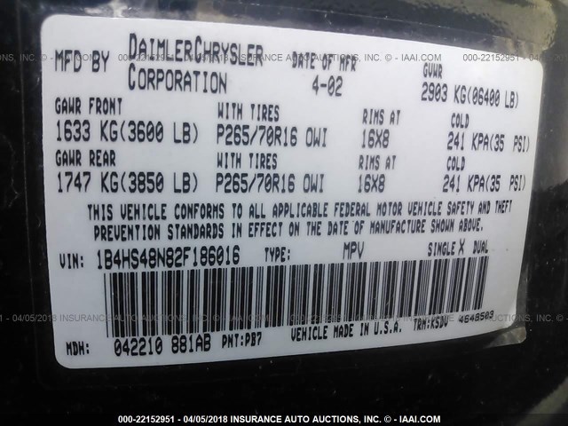 1B4HS48N82F186016 - 2002 DODGE DURANGO SLT BLUE photo 9