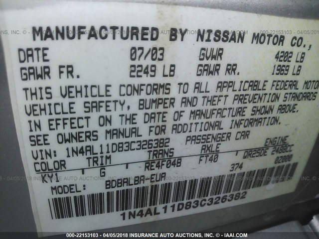 1N4AL11D83C326382 - 2003 NISSAN ALTIMA S/SL SILVER photo 9