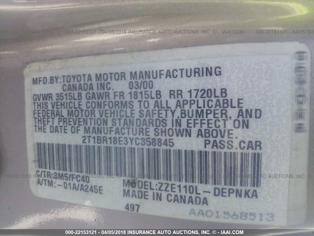 2T1BR18E3YC358845 - 2000 TOYOTA COROLLA VE/CE/LE 棕色 照片 9